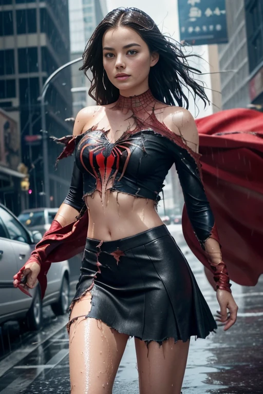 margot robbie、マーベル・コミック映画のPoster, Very beautiful, movies about spiderman, sexy, whole body, I'm wearing a skirt、premiere date, Poster、belly buttonを突き出す、new york、she's wearing a torn spiderman suit,the suit is torn、wearing a skirt、 red and black color scheme,dynamic、masterpiece、highest quality、Ultra-detailed、Very detailed、A delicate and beautiful shine、超A high resolution、Cinematic,Break,Breakdrop,(Torn clothes:1.5), (Wet clothes:1.4), Bare shoulders,Real Rain,Wet Hair,belly button、Exposing Skin、sexyな肩を見せてる