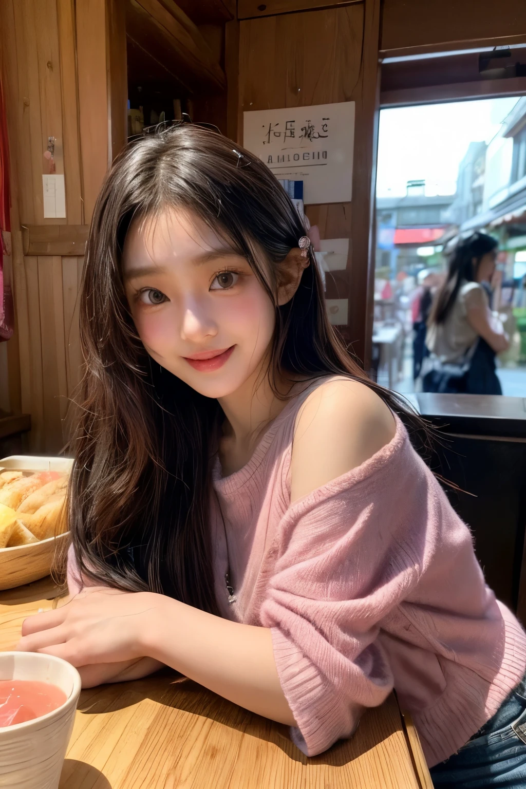 masterpiece、8K、32K、top quality、(eye for detail)、(cute japanese girl、forehead)、23 years old、1 woman、elegant、(Detailed background description、portlate:1.2)、(Blushed、smile:1.5)、take off one&#39;s clothes、(Izakaya、Inside a store where many people gather:1.3)、sit on、(food and drinks on the table:1.4)、cowboy shot、(drunk:1.7)