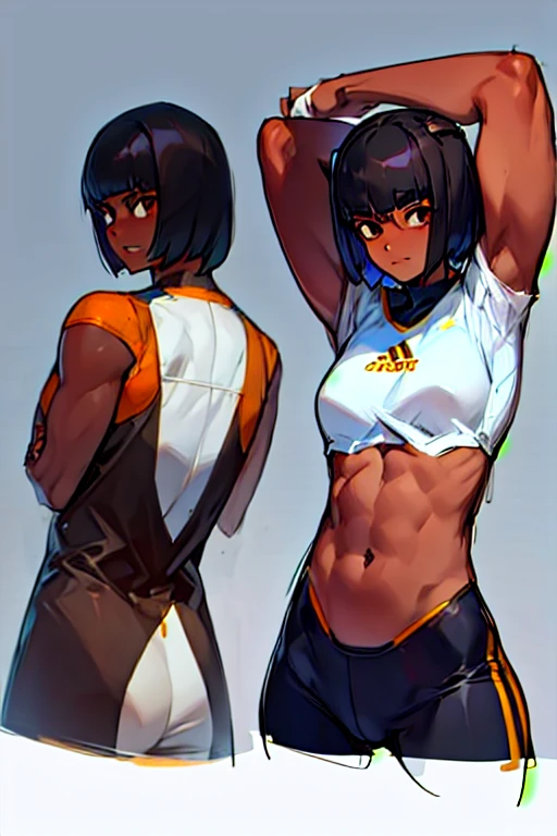 Character turnaround concept art of a muscular female ager, dark skin, short hair, blunt bangs, black hair, athletic outfit, exposed back, stretching pose, canine ears and tail, brown eyes
