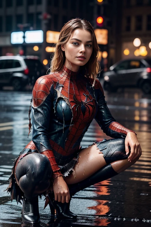 margot robbie、Crouching、マーベル・コミック映画のPoster, Very beautiful, movies about spiderman, sexy, whole body, I'm wearing a skirt、premiere date, Poster、belly buttonを突き出す、new york、she's wearing a torn spiderman suit,the suit is torn、wearing a skirt、 red and black color scheme,dynamic、masterpiece、highest quality、Ultra-detailed、Very detailed、A delicate and beautiful shine、超A high resolution、Cinematic,Break,Breakdrop,(Torn clothes:1.5), (Wet clothes:1.4), Bare shoulders,Real Rain,Wet Hair,belly button、Exposing Skin、sexyな肩を見せてる