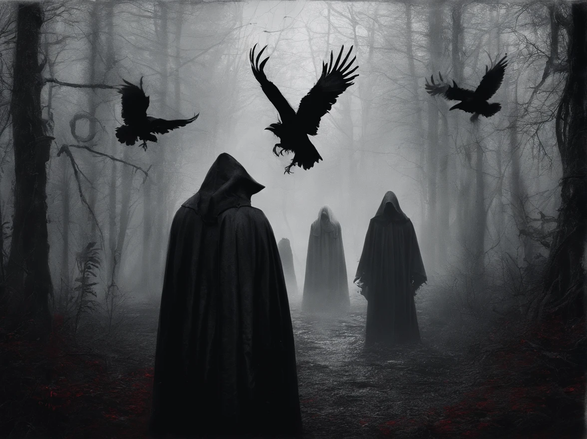 Subject: Ravens gathering around a (red book embroidered with celtic patterns) in a rainy forest setting, ink wash style
Medium: Digital painting
Style: Black and white, atmospheric
Artist: Suggest artists known for similar styles
Website: Artstation
Resolution: 4k
Additional details: Subtle highlighting of blood, depiction of rain and mist
Color: Black and white
Lighting: Atmospheric, misty