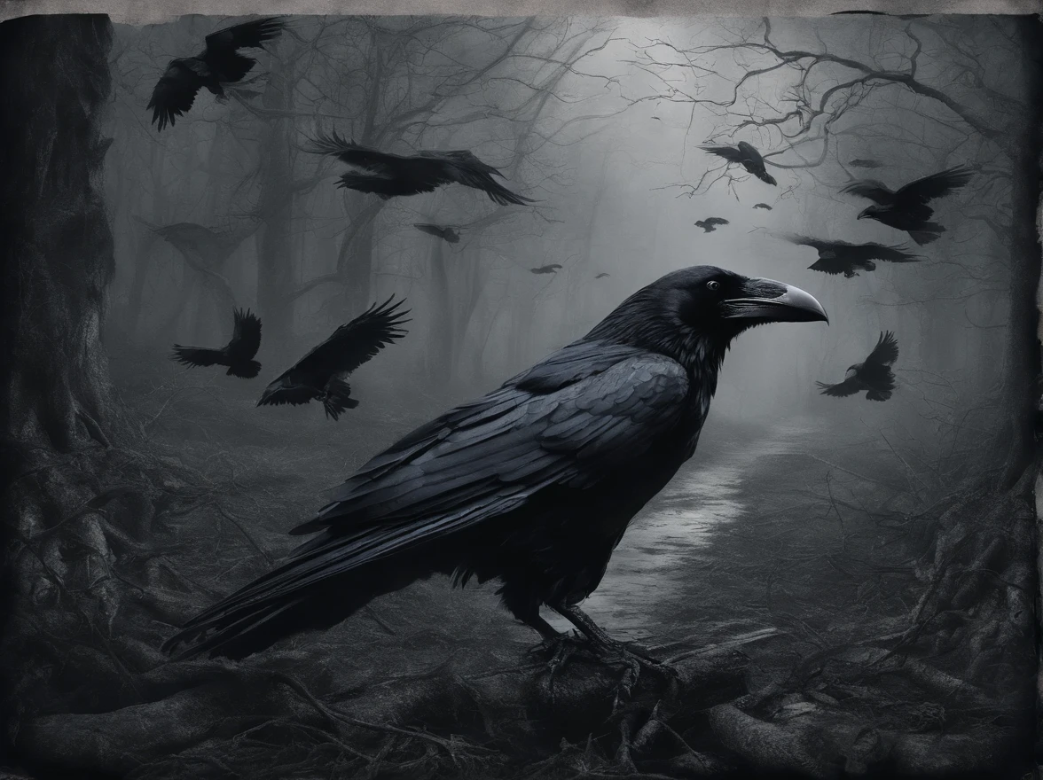 Subject: Ravens gathering around a (red book embroidered with celtic patterns) in a rainy forest setting, ink wash style
Medium: Digital painting
Style: Black and white, atmospheric
Artist: Suggest artists known for similar styles
Website: Artstation
Resolution: 4k
Additional details: Subtle highlighting of blood, depiction of rain and mist
Color: Black and white
Lighting: Atmospheric, misty