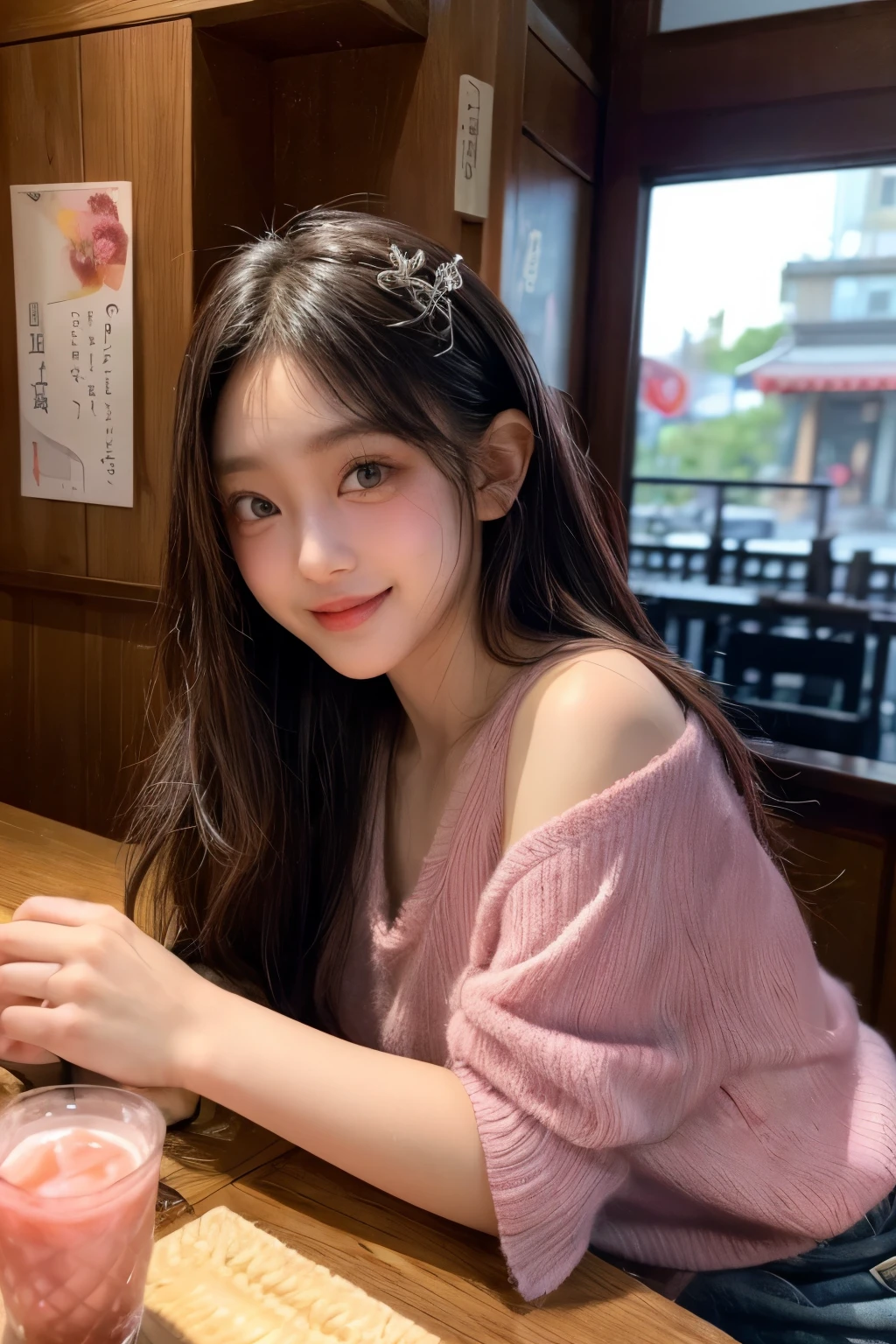masterpiece、8K、32K、top quality、(eye for detail)、(cute japanese girl、forehead)、23 years old、1 woman、elegant、(Detailed background description、portlate:1.2)、(Blushed、smile:1.5)、take off one's clothes、(Izakaya、Inside a store where many people gather:1.3)、sit on、(food and drinks on the table:1.4)、cowboy shot、(drunk:1.7)