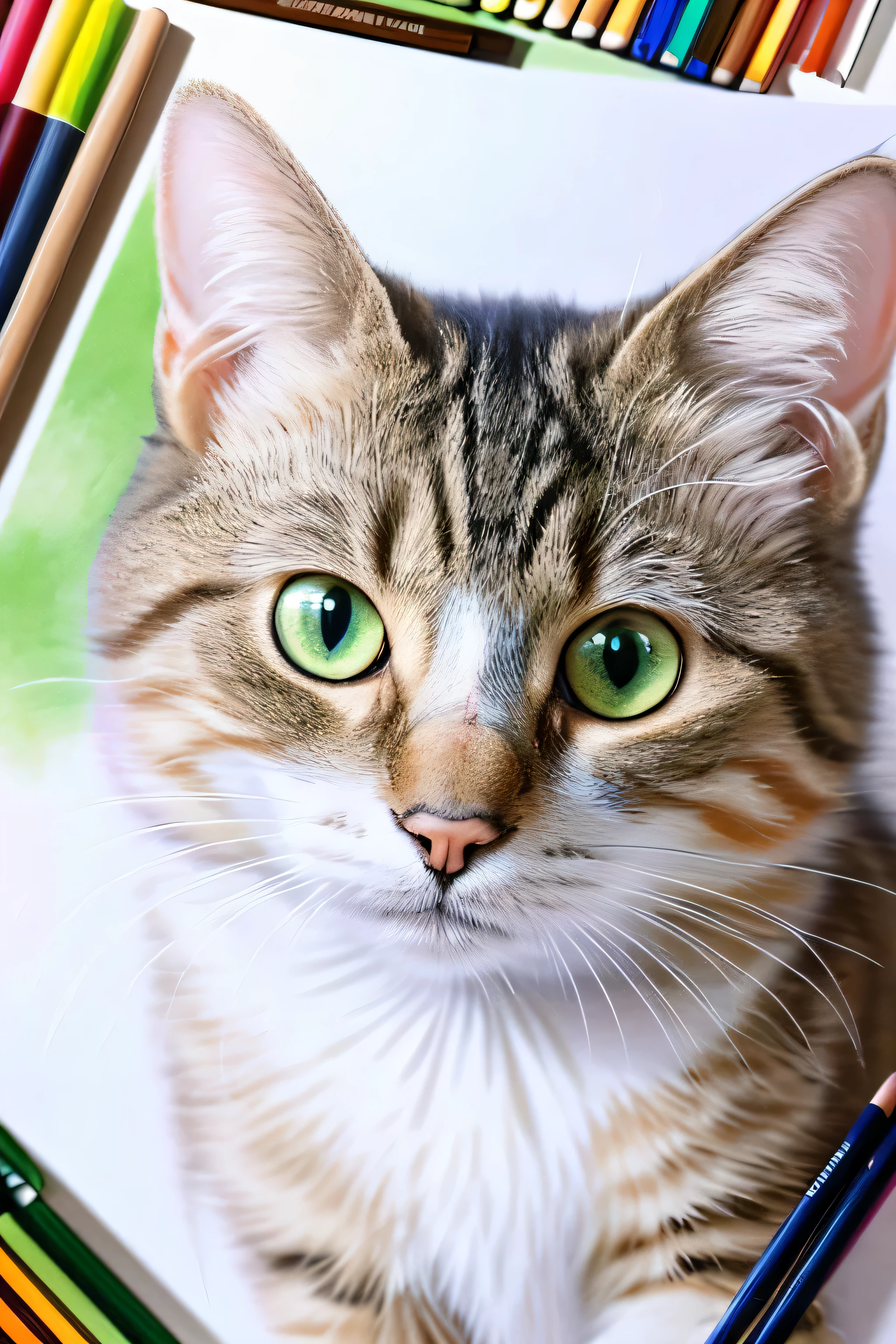 Drawing of a cat with green eyes and a white nose, Hyper-realistic portraits, Photorealism Pastel, Colored pencil drawing, Colored pencilスケッチ, Cat portrait, Colored pencil art on paper, Detailed Colored Pencils, Pastel Art, Pastel drawing, Pastel Artwork, Detailed portrait, Highly detailed painting, Colored pencil sketch, Moderate: Colored pencil, Realistically detailed paintings, Pastel drawing