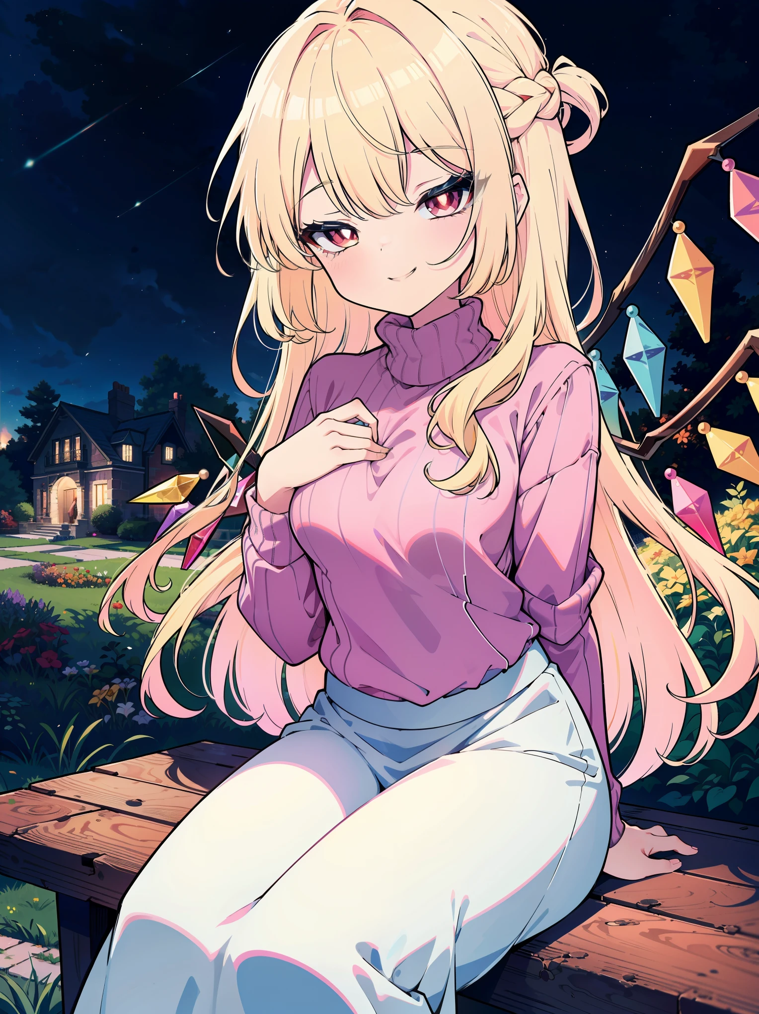 (cowboy shot), (colorful:1.1), (ultra-high resolution, depth of field:1.2), (Flandre scarlet:1.1), (1woman), (adult), in her 20s, Touhou project, (medium breasts), (red eyes:1.1), white pupils, glowing eyes, blonde hair, wavy hair, (long hair:1.2), (french braid), Arranged from the tip of her wings her 8 crystals which are presented in seven colors: light blue, blue, purple, pink, orange, yellow, light green and finally light blue again, (white wool sweater:1.2), (long skirt), (classic mansion scenery), garden, night time, (grinning), squinting eyes, sitting on a garden bench