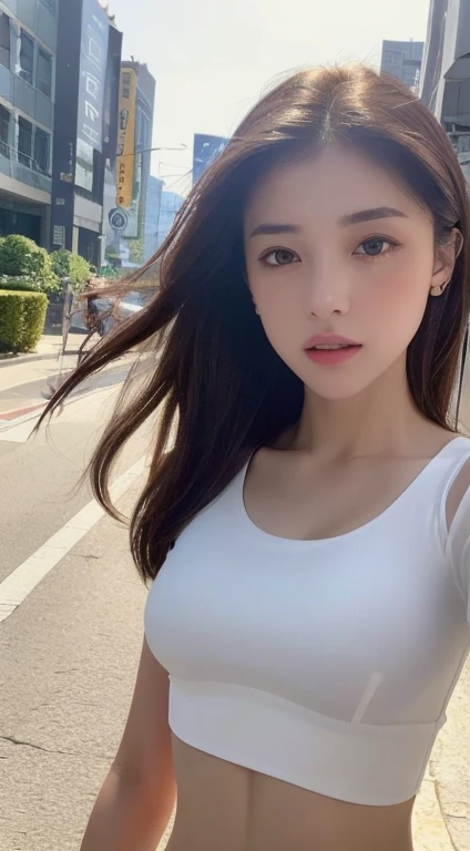 ((Realistic lighting, Best quality, 8K, Masterpiece: 1.3)), Clear focus: 1.2, 1girl, Perfect Figure: 1.4, Slim Abs: 1.1, ((Dark brown hair)), (White crop top: 1.4), (Outdoor, Night: 1.1), City streets, Super fine face, Fine eyes, Double eyelids,topless,lot pussy hair,sweat nude body,
