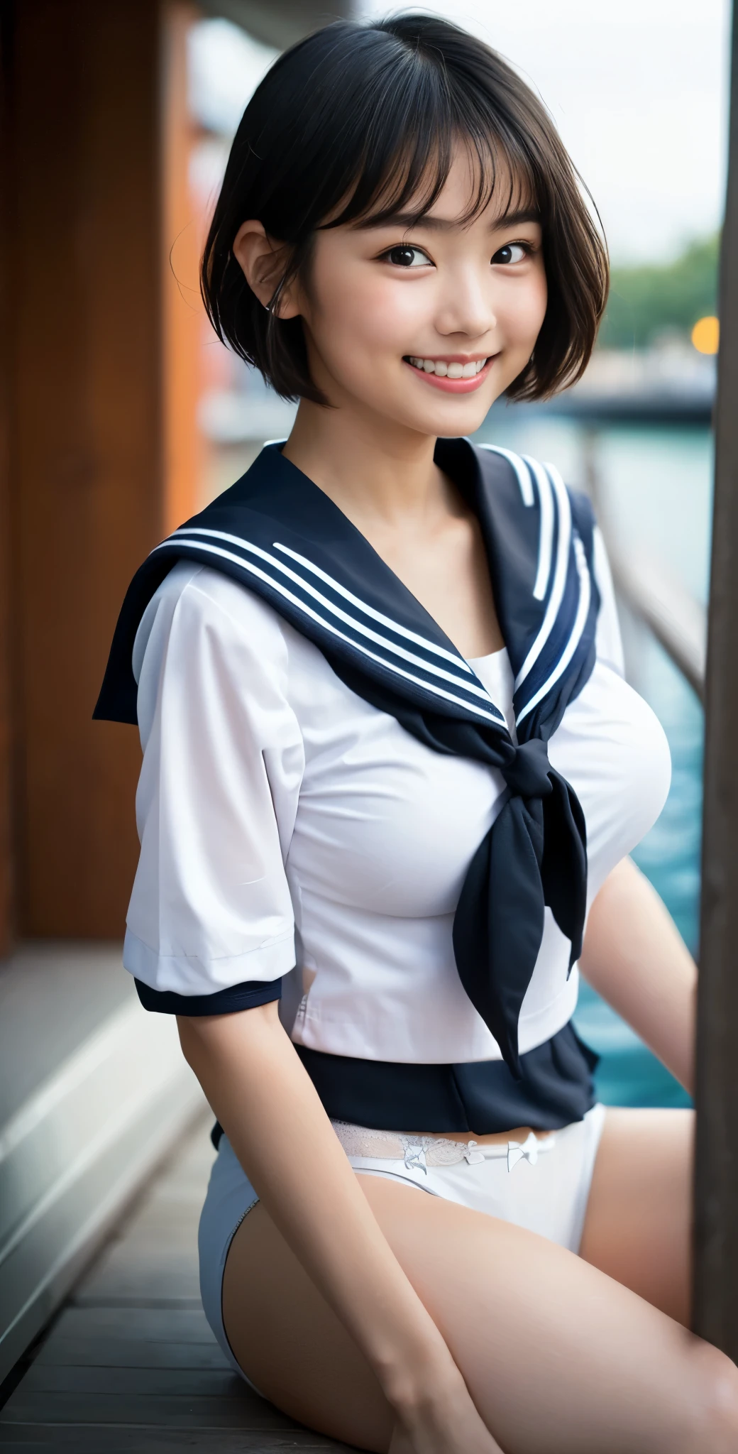 （8K、Raw photography、highest quality、masterpiece：1.2),(Black-haired、Short Hair:1.8),(ponytail:1.3)、Show Viewer,Looking at the front,Erotic,White skin,(The upper body is a colorful sailor suit、bottomless:1.7)、()、(Clothes that accentuate the shape of the breasts:1.0)、(big breasts :1.5)、Slim figure、Ultra-high resolution,beautiful,beautiful fece,(one person、No background:1.9),whole bodyボディー,Japanese women,（Photorealistic：1.37）、Photon Mapping,reality、(Baby-faced and cute: 1.5)、(Cute Smile: 1.7)、(With a round face: 1.7)、Radio City、Physically Based Rendering、Depth of field rally background、photograph, (I can see your knees、Tight small white panties、Thigh close-up:1.8),（:1.4）,whole body、Super fine