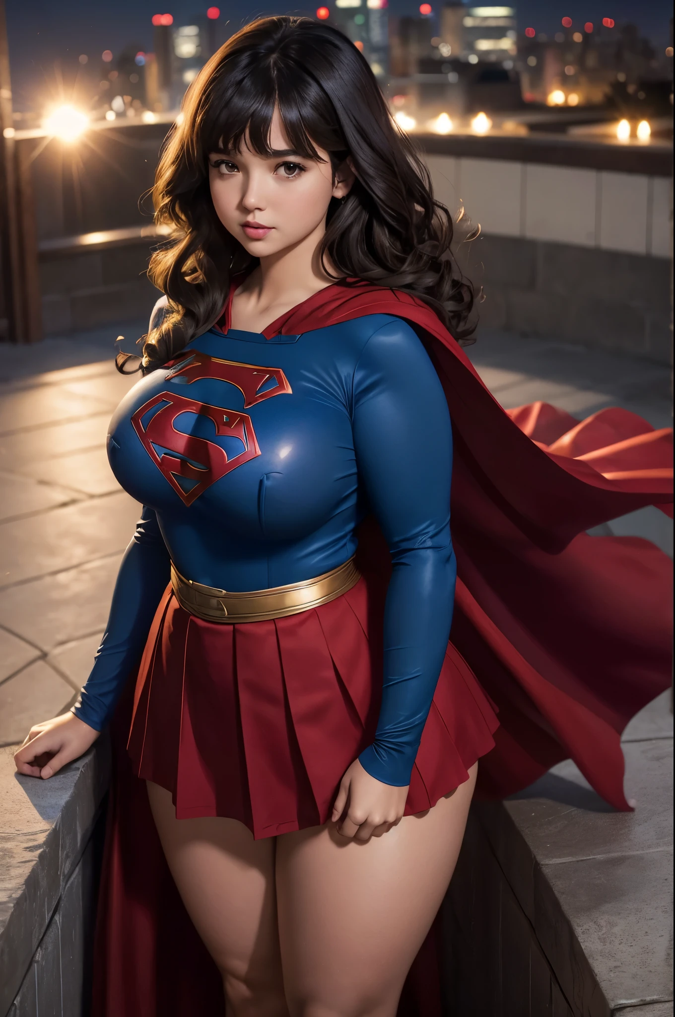 Supergirl, 27 years old, full body shot, Beautiful woman shoulder length curly brunette hair, two side up with bangs, ringlets, shoulder length curly brunette hair with bangs, two side up, ringlets, shoulder length curly brunette hair with bangs, two side up, ringlets, figure : (very full figure, curvy, chubby, very soft, very thick, big breasts, sexy, sexy pose, fat thighs) (large_breasts:1.6) (curvy:1.6). clothes: (long sleeve blue top, flowing red cape, pleated red skirt of Supergirl, long sleeve blue top, flowing red cape, pleated red skirt of Supergirl , long sleeve blue top, flowing red cape, pleated red skirt of Supergirl ). rooftop garden city night