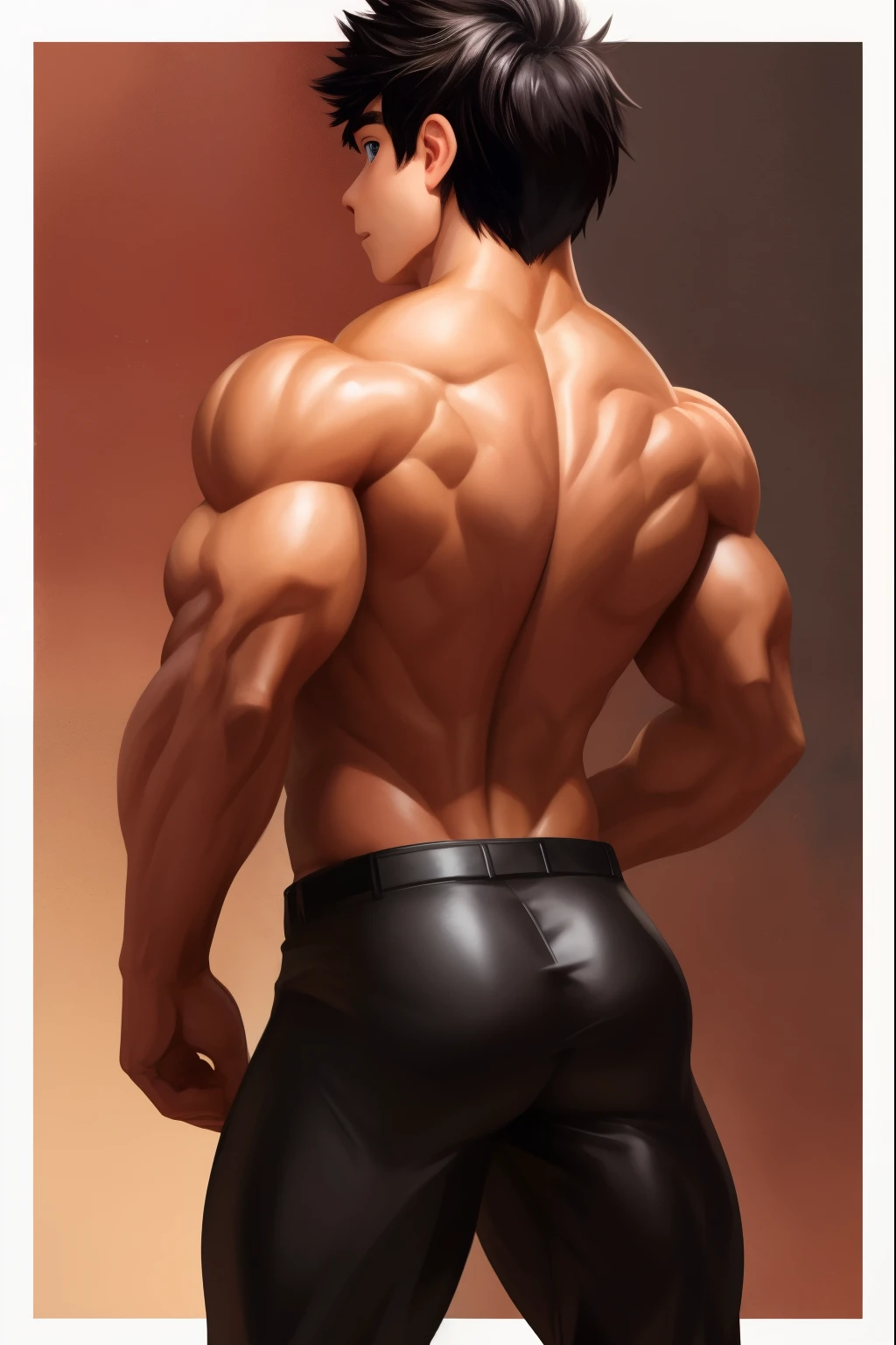((masterpiece)),(((best quality))),((character design sheet,same character, front, side, back)), ((Extremely realistic shadows, Masterpiece, extremely detailed, photorealistic)) standing in front on stage,
A teen ( face) 15 year old teenager (15 years old) very attractive boy, Mexican ethnicity. tanned skin, jet black hair, short hair bangs that fall on both sides of his youthful face. carefree expression, young man, alone, marked muscles, beautiful musculature, aesthetic stretch marks, inspiring physique, slender muscles, square pecs, beautiful V-cone, excellent abs and torso, chiseled abs, pectorals chiseled, perfect massive muscles, inflated muscles, voluminous pectorals, massive muscular body, a huge gigantic chest with a narrow waist, huge shoulders, ridiculously well-shaped large pecs, eight chiseled abs, (very toned and huge) with his military haircut and voluminous neck, narrow waist, bare chest, shirtless, topless, blue eyes, young face, beautiful, young. Teen muscular young bodybuilder with extraordinary and firm back, chiseled muscles, rhomboid muscles, latissimus dorsi. Gigachad. He is wearing black cloth pants. cloth belt (Black cloth trousers) bare chest. Cloth trousers. (((Back))) huge firm muscular thighs, round buttocks and round butt with back, huge ass ((firm buttocks)) with big booty. ((CHARACTER DESIGN SHEET, SAME CHARACTER, FRONT, SIDE, BACK))