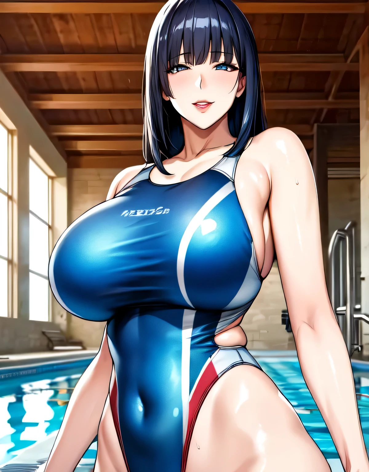 mature female,(large breasts:1.5),(shiny hair),((solo)),((masterpiece)),((best quality)),perfect anatomy,slim waist,perfect image,8k UHD,(beautiful detailed eyes:1.5),extremely detailed face,standing,(upper body:1.3),(look at the front:1.5),arms behindback,ultra-detailed,absurdres,highres,(black hair),((blunt bangs)),erotic lips,((sensitive smile)),sexy mature women,30 years-old,long hair,indoor pool,(shiny Competition swimsuit:1.2),