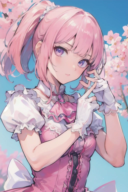 4k, high quality, colorful, super detailed eyes and face, 1girl, looking at viewer, emilie_t8, pink frilled dress, frilled ascot, fingerless gloves, action pose, looking at viewer, upper body, sky, flowers,
