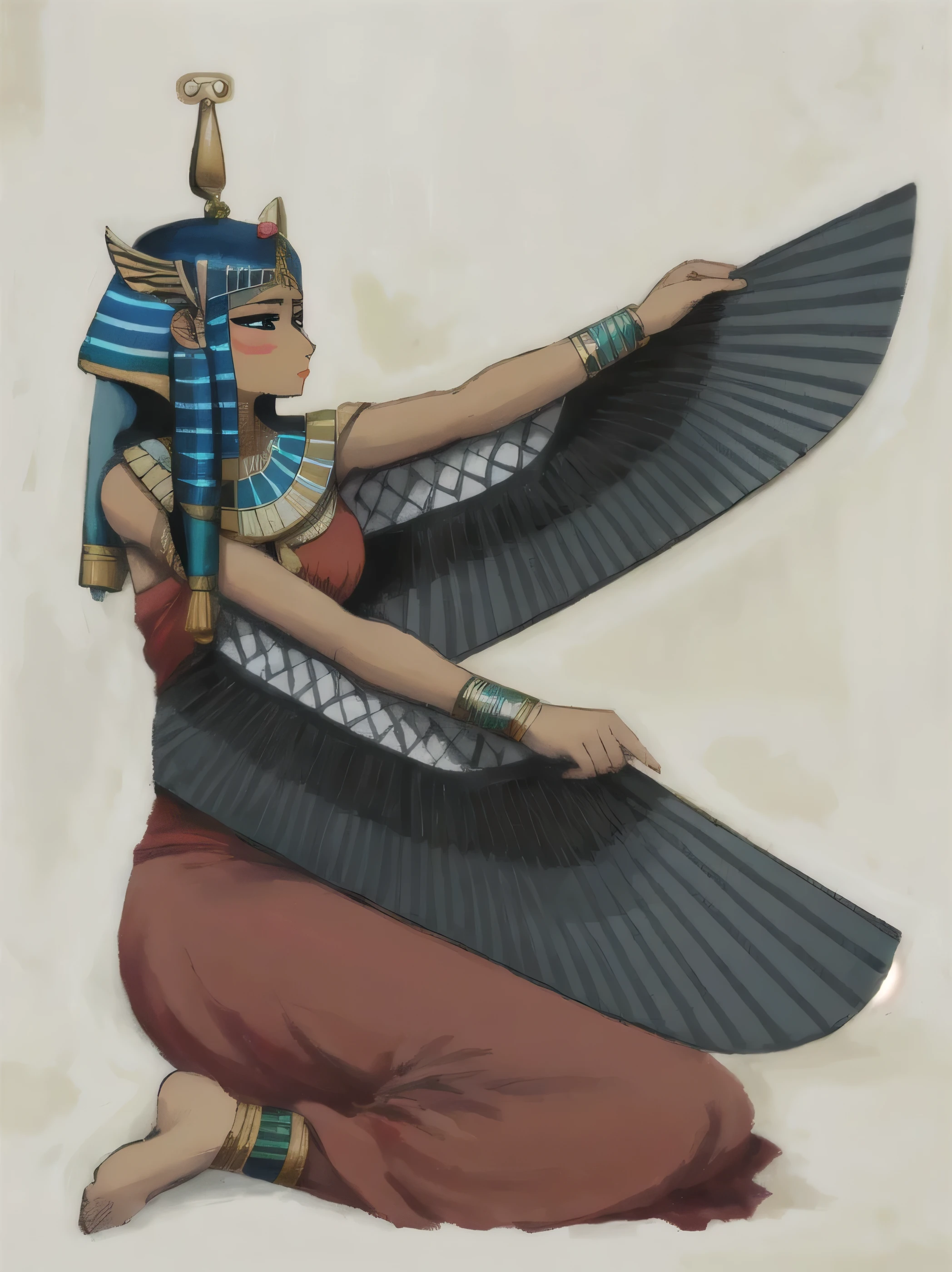 an egyptian woman with a fan in her hand, wind egyptian god, ancient egyptian, egyptian clothing, egyptian clothes, egyptian, ancient egypt art, egypt god, ancient egyptian art, egyptian art, ancient egypt painting, egyptian style, egyptian symbolism, egyptian god, egyptian iconography, the egyptian god, egyptian mythology, storm egyptian god, winged human, ancient egypt, Maat