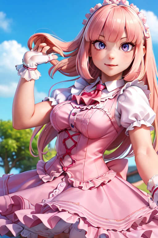 4k, high quality, colorful, super detailed eyes and face, 1girl, looking at viewer, emilie_t8, pink frilled dress, frilled ascot, fingerless gloves, action pose, looking at viewer, upper body, sky, flowers,