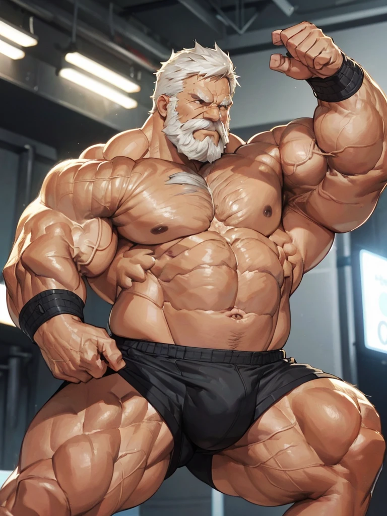 Wide medium shots, ground level camera shot, ,((hyper muscular)) old man showing strong muscle in podium, black underpants , hyper muscle, hyper pectoral, hyper bicep, hyper arms, bulge, white and short hair, super thick arms, super big pectoral, super wide pectoral, topless, shirtless. 