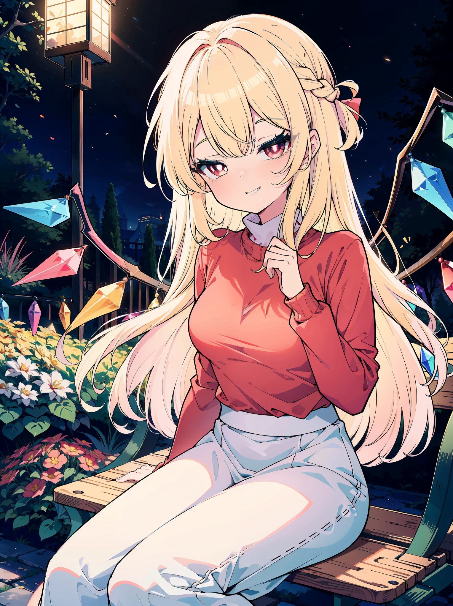 (cowboy shot), (colorful:1.1), (ultra-high resolution, depth of field:1.2), (Flandre scarlet:1.1), (1woman), (adult), in her 20s, Touhou project, (medium breasts), (red eyes:1.1), white pupils, glowing eyes, blonde hair, wavy hair, (long hair:1.2), (french braid), Arranged from the tip of her wings her 8 crystals which are presented in seven colors: light blue, blue, purple, pink, orange, yellow, light green and finally light blue again, (white wool sweater:1.2), (long skirt), (classic mansion scenery), garden, night time, (grinning), squinting eyes, sitting on a garden bench