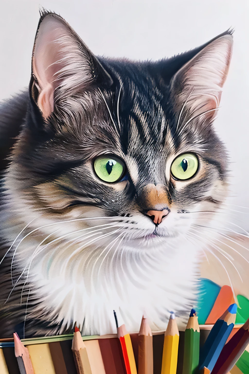Drawing of a cat with green eyes and a white nose, Hyper-realistic portraits, Photorealism Pastel, Colored pencil drawing, Colored pencilスケッチ, Cat portrait, Colored pencil art on paper, Detailed Colored Pencils, Pastel Art, Pastel drawing, Pastel Artwork, Detailed portrait, Highly detailed painting, Colored pencil sketch, Moderate: Colored pencil, Realistically detailed paintings, Pastel drawing