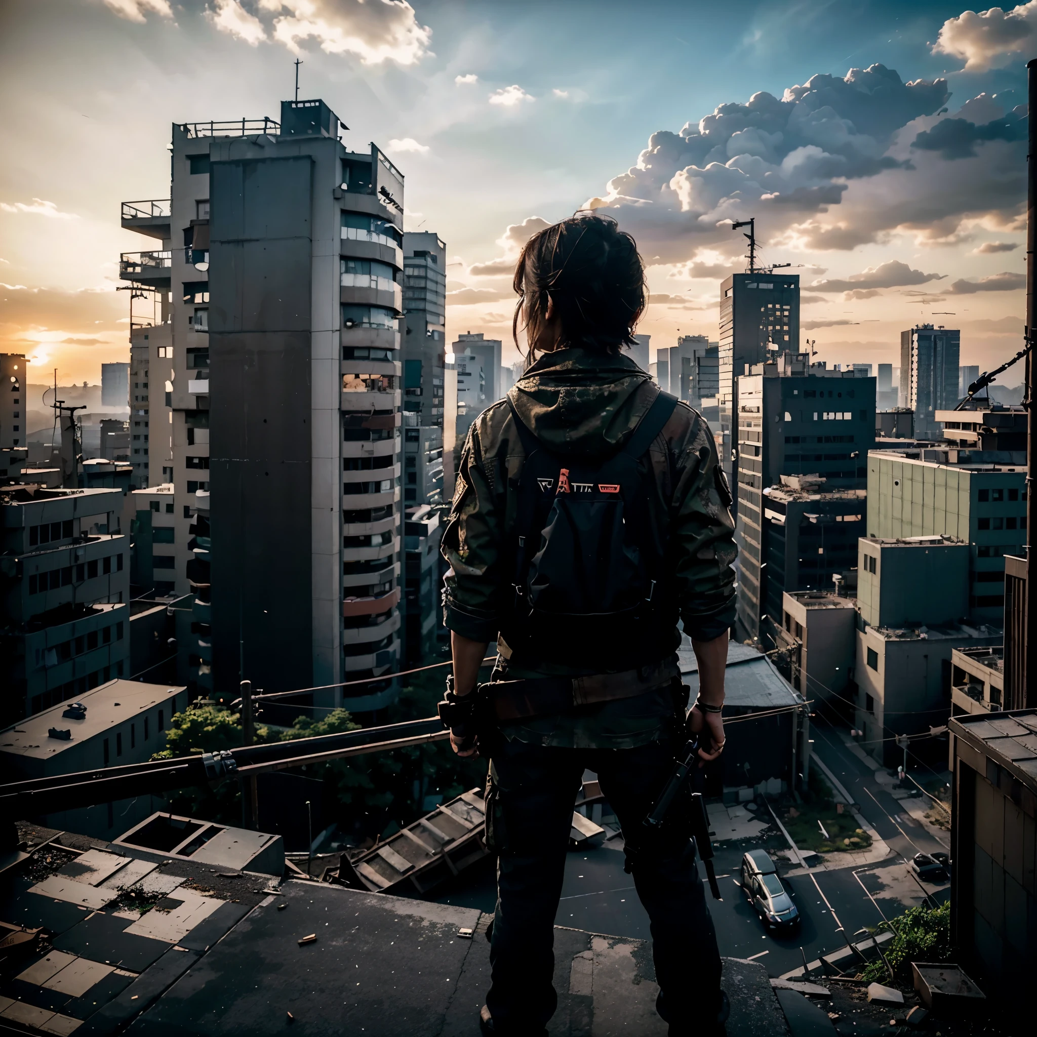OVERHEAD VIEW, ultra realist, A JAPANESE SNIPER ON TOP OF A BUILDING, 30 YEARS OLD, OBSERVATION POSE, SUN RISE, LOOKING AT THE POST-APOCALYPSE RUINED AND DESTROYED TOKYO CITY,HOSTILE ENVIRONMENT, IMPACTFUL VISUAL DESTRUCTION, STYLE THE LAST OF US, outdoor PHOTO, CINEMATIC LIGHTING, PHOTOREALISTIC DETAILS, DYNAMIC SHADOWS ,ATMOSPHERIC EFFECTS, LIFELIKE TEXTURES, HIGH-DEFINITION, IMMERSIVE ENVIRONMENT, SUBTLE COLOR GRADING, AUTHENTIC ATMOSPHERE, DETAILED TEXTURES, FANTASY, UNREAL ENGINE 5, ray tracing, award winning photo, MASTERPIECE photograpy, trending on artstation, HDR, UHD, 4K, BY NAUGHTY DOG