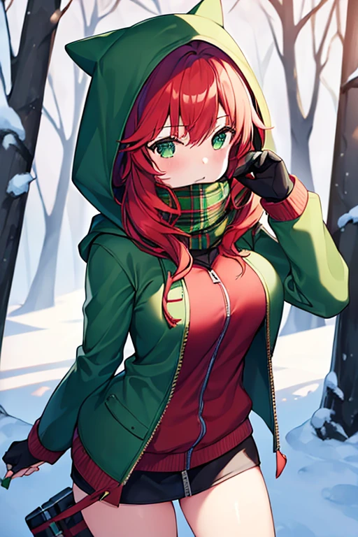 1girl, red hair, medium hair, large breasts, breasts, green eyes, scarf, covered mouth, jacjet, forest, snow, hoddie, hooded jacket, hood on, hood up, zipper, gloves,