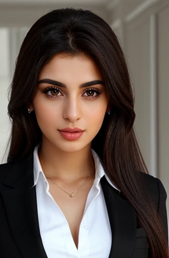 Beautiful woman (One) with Armenian features, long brown hair, Brown eyes, sculpted body, Eyes looking at the screen, medium height, weight corresponds to height, to have a beautiful body, (((in a black suit))) ((white solid background))