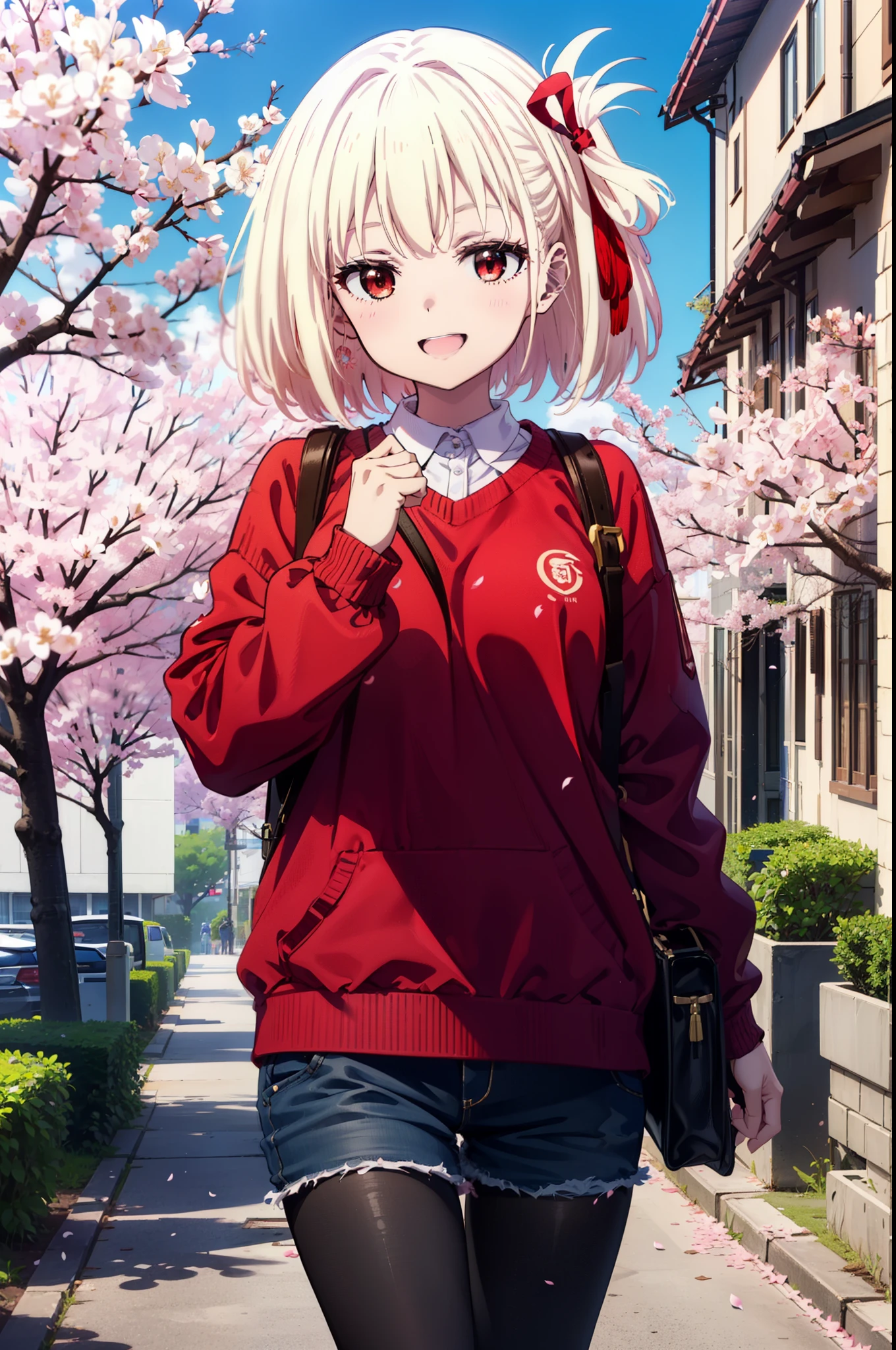 chisatonishikigi, Chisato Nishikigi, long hair, bangs, Blonde, (Red eyes:1.5), hair ribbon, One side up,happy smile, smile, Open your mouth,Red oversized sweater,Shorts,Black pantyhose,Mini Boots,Cherry blossoms are blooming,Cherry blossoms are scattered,Cherry blossom tree-lined path,
break outdoors, University School building,
break looking at viewer, (Cowboy Shot:1.5),
break (masterpiece:1.2), highest quality, High resolution, unity 8k wallpaper, (figure:0.8), (Beautiful fine details:1.6), Highly detailed face, Perfect lighting, Highly detailed CG, (Perfect hands, Perfect Anatomy),
