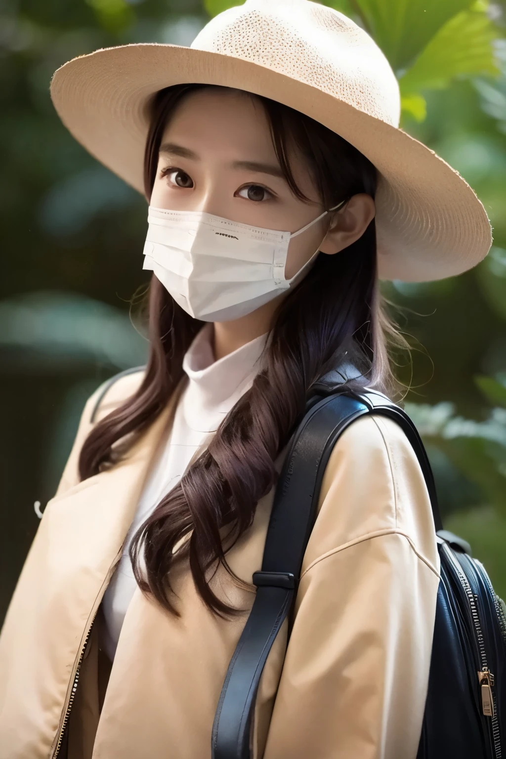 1girl, solo, looking at viewer, brown hair, long sleeves, hat, brown eyes, jacket, cowboy shot, outdoors, pants, bag, tree, cosplay, mask, shoulder bag, realistic, yellow jacket, photo background