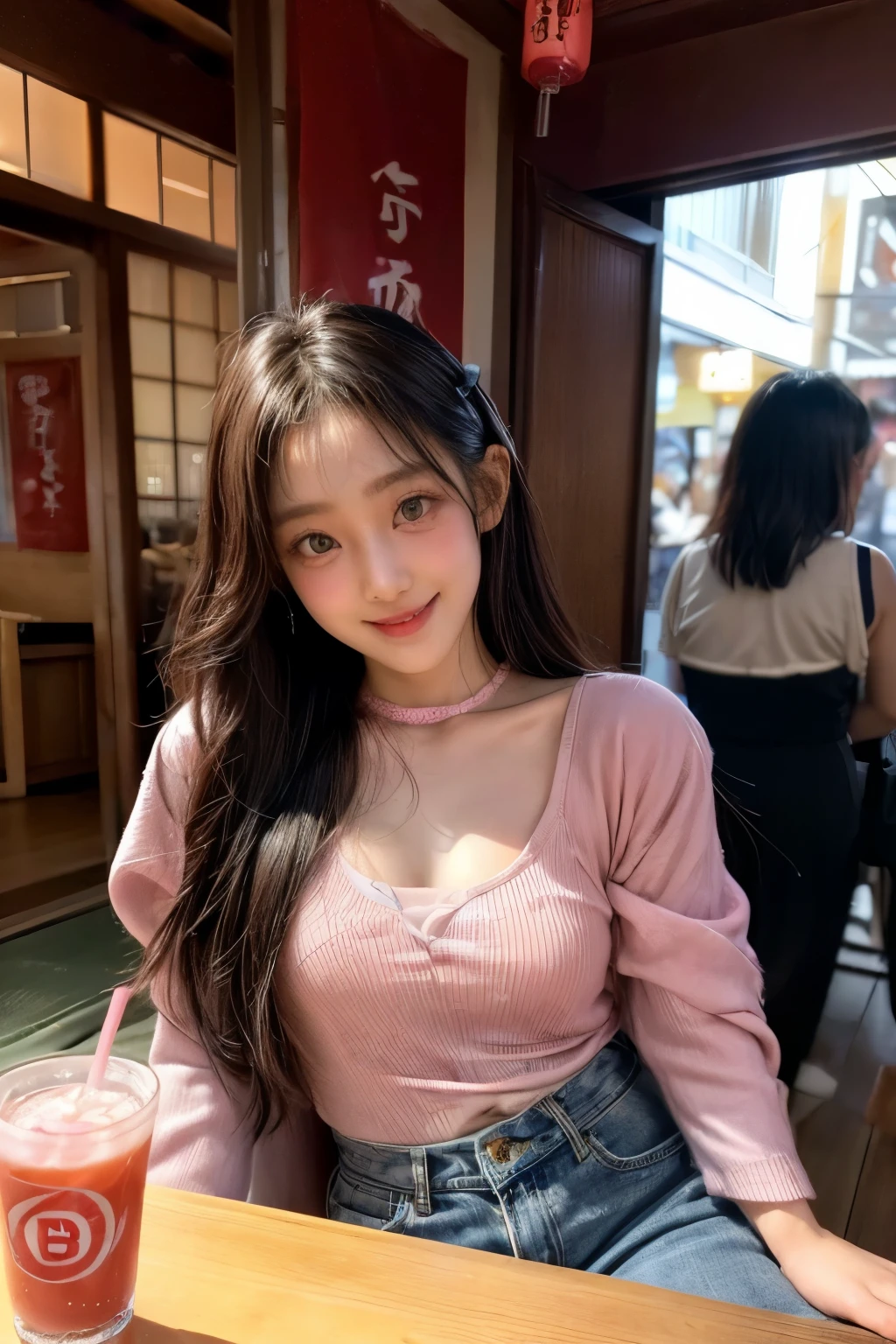 masterpiece、8K、32K、top quality、(eye for detail)、(cute japanese girl、forehead)、23 years old、1 woman、elegant、(Detailed background description、portlate:1.2)、(Blushed、smile:1.5)、take off one's clothes、(Izakaya、Inside a store where many people gather:1.3)、sit on、(food and drinks on the table:1.4)、cowboy shot、(drunk:1.7)