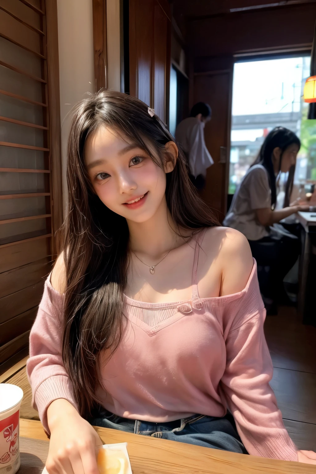 masterpiece、8K、32K、top quality、(eye for detail)、(cute japanese girl、forehead)、23 years old、1 woman、elegant、(Detailed background description、portlate:1.2)、(Blushed、smile:1.5)、take off one's clothes、(Izakaya、Inside a store where many people gather:1.3)、sit on、(food and drinks on the table:1.4)、cowboy shot、(drunk:1.7)