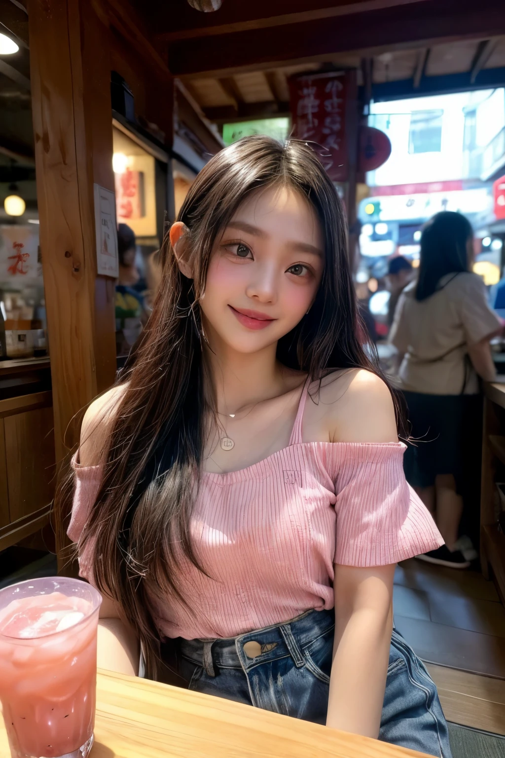 masterpiece、8K、32K、top quality、(eye for detail)、(cute japanese girl、forehead)、23 years old、1 woman、elegant、(Detailed background description、portlate:1.2)、(Blushed、smile:1.5)、take off one&#39;s clothes、(Izakaya、Inside a store where many people gather:1.3)、sit on、(food and drinks on the table:1.4)、cowboy shot、(drunk:1.7)