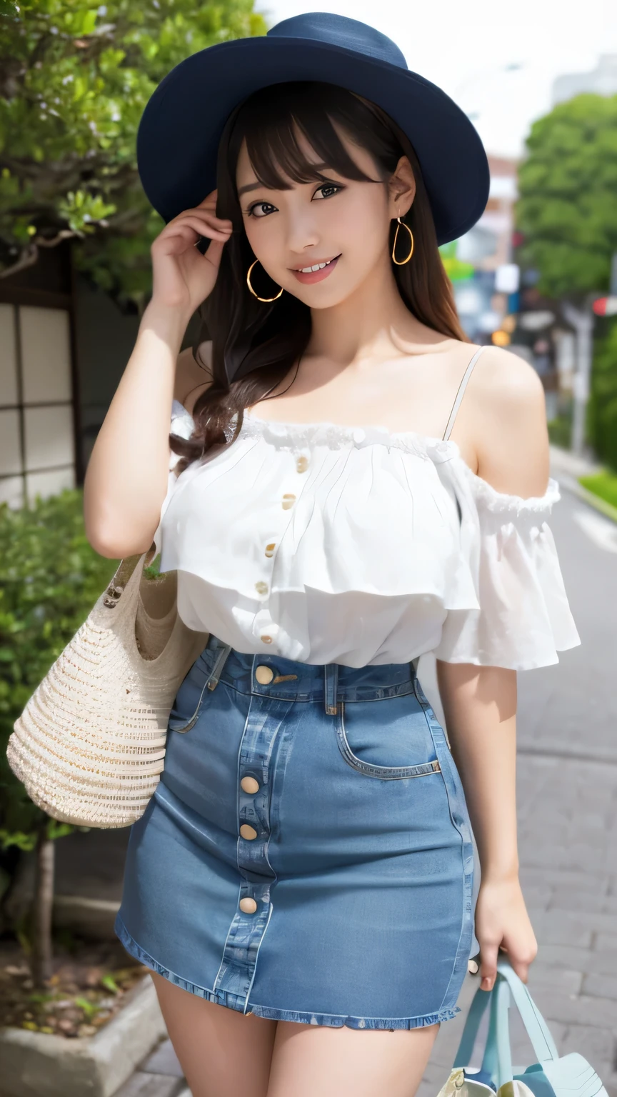 (realistic, photo-realistic:1.4), (extremely detailed 8k wallpaper), bokeh, detailed beautiful eyes and skin, (Image from thighs to head:1.3), (Japanese idol:1.3), 25yo, beautiful woman, smile, (large breast:1.2), full body, 
Denim button-front skirt, ruffle blouse, espadrille wedges, denim bucket hat, macrame tote bag, shell earrings,