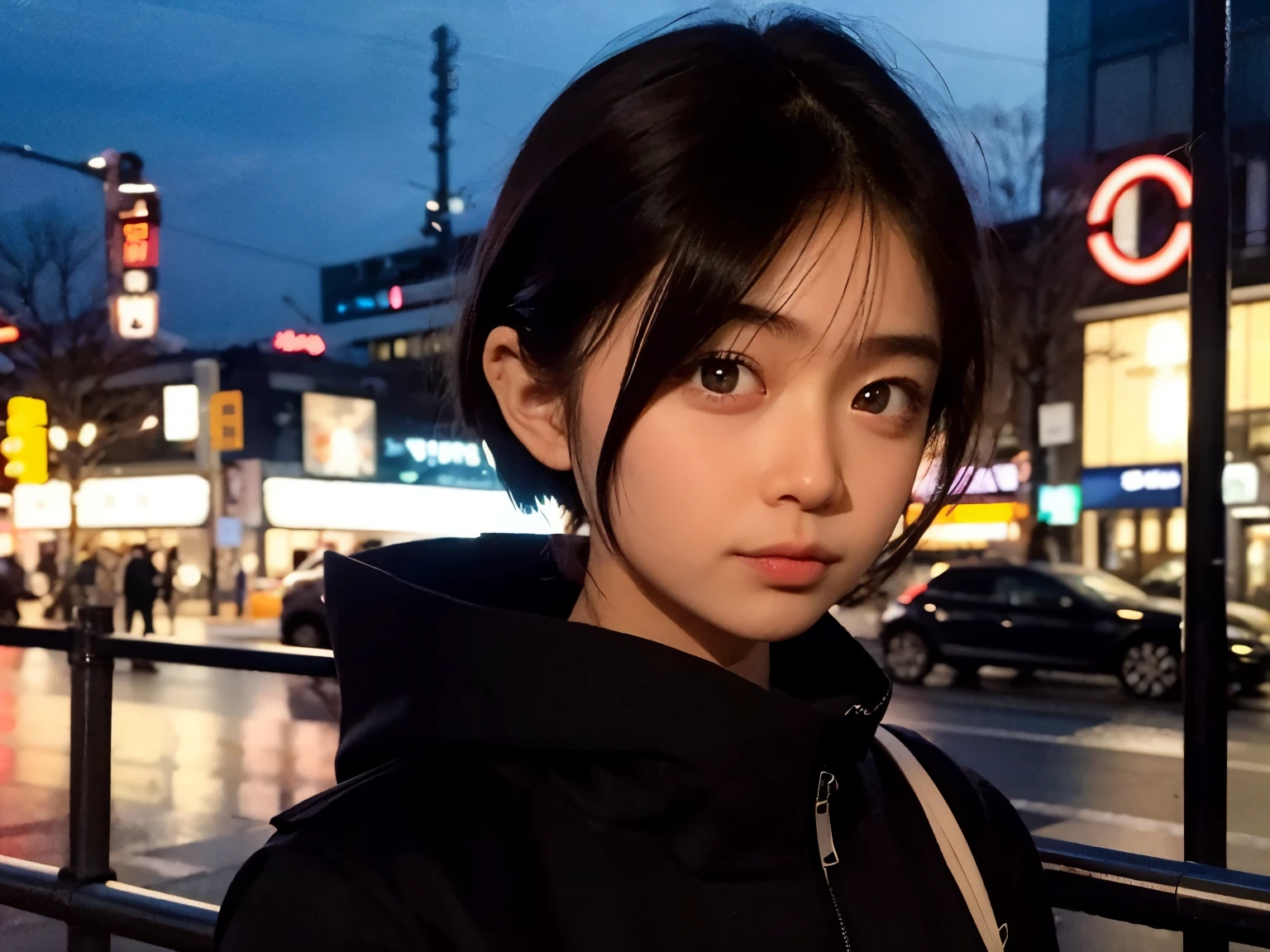 Realistic, 8k, Beautiful woman, Attractive look, Clear system, short hair, okappa, 20-year-old, Tokyo, winter, Shibuya in the background