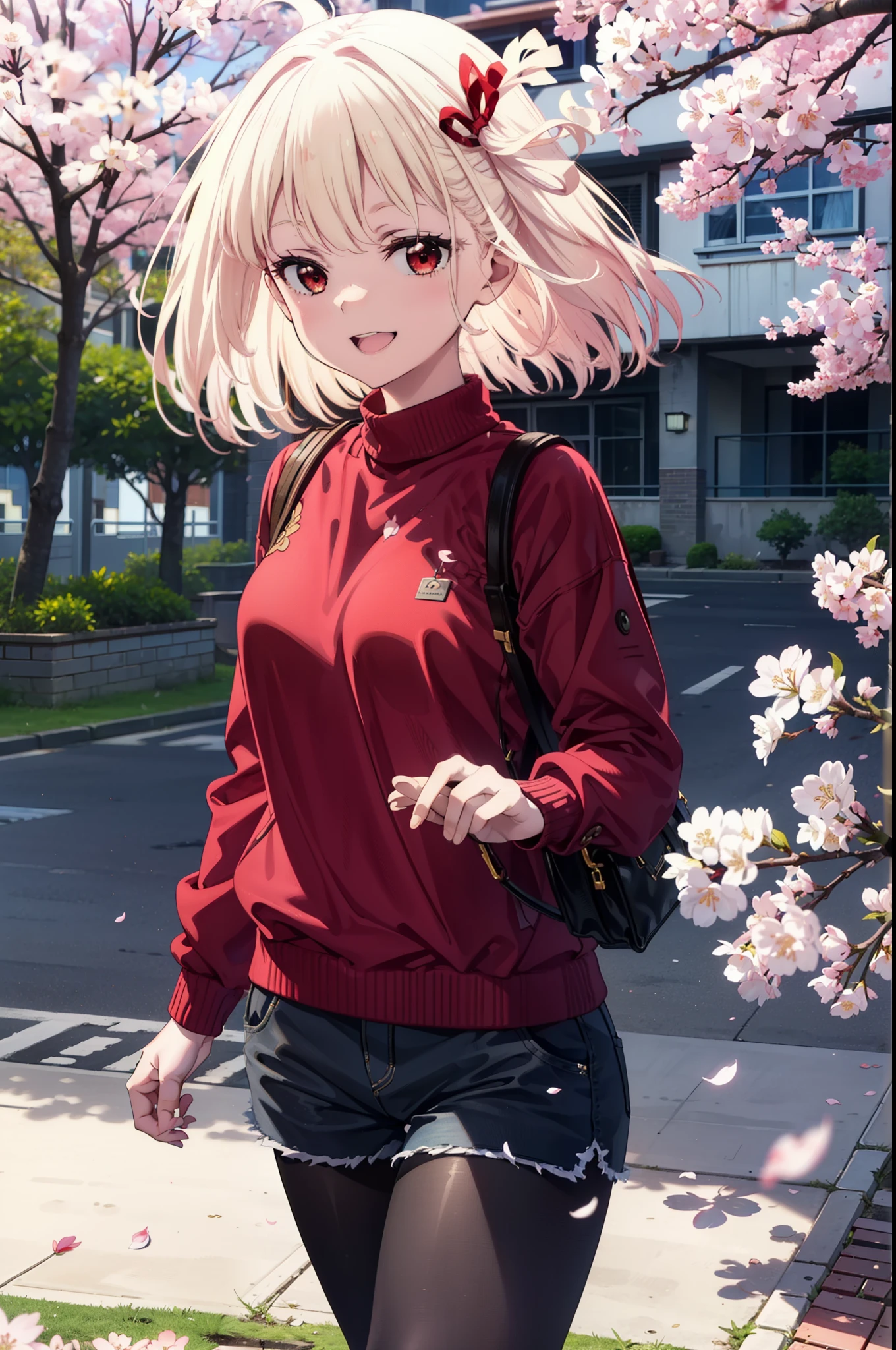 chisatonishikigi, Chisato Nishikigi, Long Hair, bangs, Blonde, (Red eyes:1.5), hair ribbon, One side up, short braided hair,happy smile, smile, Open your mouth,Red oversized sweater,short denim pants,Black pantyhose,Mini Boots,Cherry blossoms are blooming,Cherry blossoms are scattered,Cherry blossom tree-lined path,
break outdoors, University School building,
break looking at viewer, (Cowboy Shot:1.5),
break (masterpiece:1.2), highest quality, High resolution, unity 8k wallpaper, (figure:0.8), (Beautiful fine details:1.6), Highly detailed face, Perfect lighting, Highly detailed CG, (Perfect hands, Perfect Anatomy),