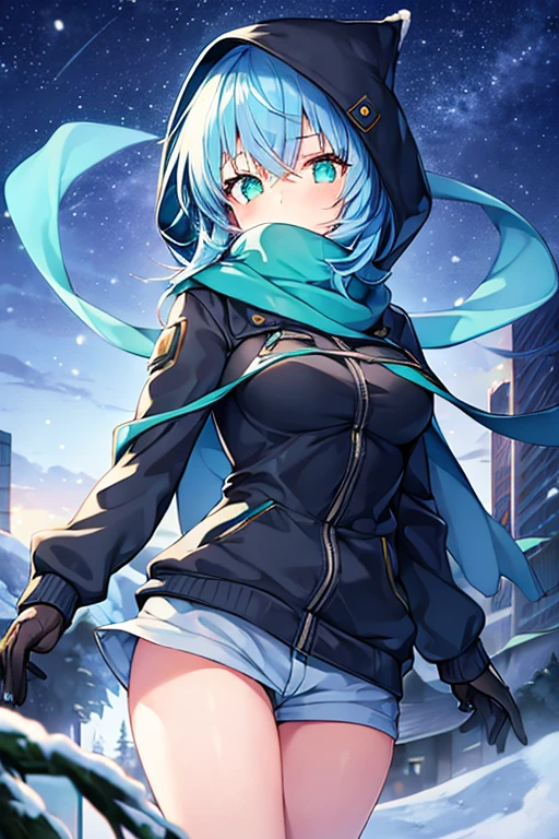 1girl, blue hair, medium hair, large breasts, breasts, green eyes, scarf, covered mouth, jacket, forest, snow, black jacket, hoddie, hooded jacket, hood on, hood up, zipper, gloves, glowing hair, glowing eyes, light blue hair, sky blue hair, night sky, sky, stars, pants, tall, hourglass figure, mature female, thick thighs