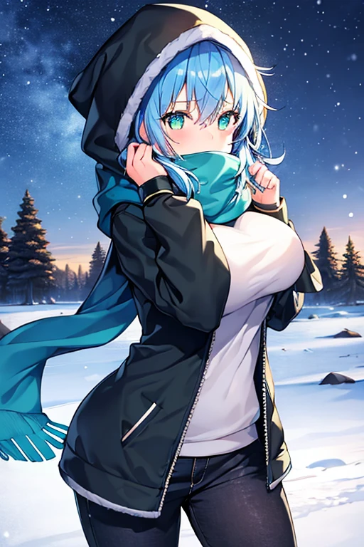 1girl, blue hair, medium hair, large breasts, breasts, green eyes, scarf, covered mouth, jacket, forest, snow, black jacket, hoddie, hooded jacket, hood on, hood up, zipper, gloves, glowing hair, glowing eyes, light blue hair, sky blue hair, night sky, sky, stars, pants