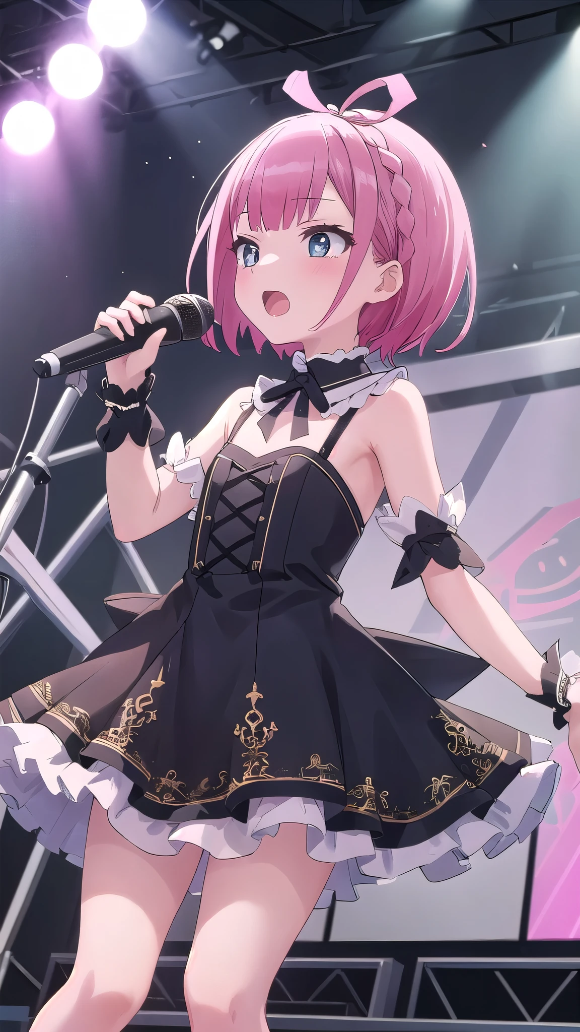 bring about, One girl, alone, flat chest, stage, Light, Ruffled Dress, bow, ribbon, microphone, lower one&#39;s head, Perfect quality, good quality, masterpiece, High resolution, 超High resolution 