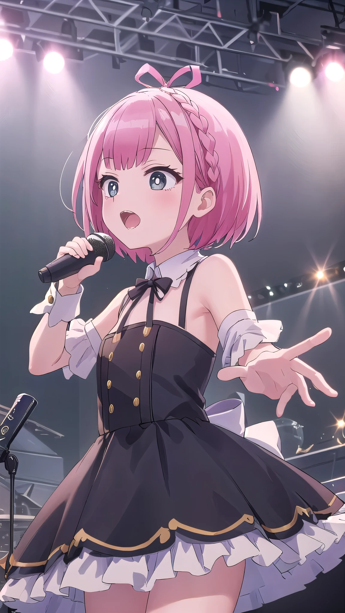 bring about, One girl, alone, flat , stage, Light, Ruffled Dress, bow, ribbon, microphone, lower one's head, Perfect quality, good quality, masterpiece, High resolution, 超High resolution 