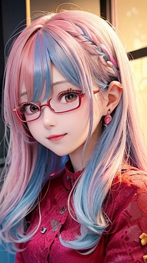 Small face、 (alone:1.5,)Very detailed,Bright colors, Very beautiful detailed anime faces and eyes, Look straight ahead,  Shiny_skin,girl, (((Rainbow Hair, Colorful Hair, Half light blue、Half pink hair: 1.2))), 、Shiny hair, Delicate beautiful face, blush、Glasses、(Turquoise Eyes), , Valletta, Earrings,、Flower Garden、Sunset、(((Floral、Fashionable lace,tight、Semi-transparent red short-sleeved shirt)))、（Twin tails）、smile、Happy Face、face dyed red、Cheerful pose、dynamic、、Glassesに手を添える