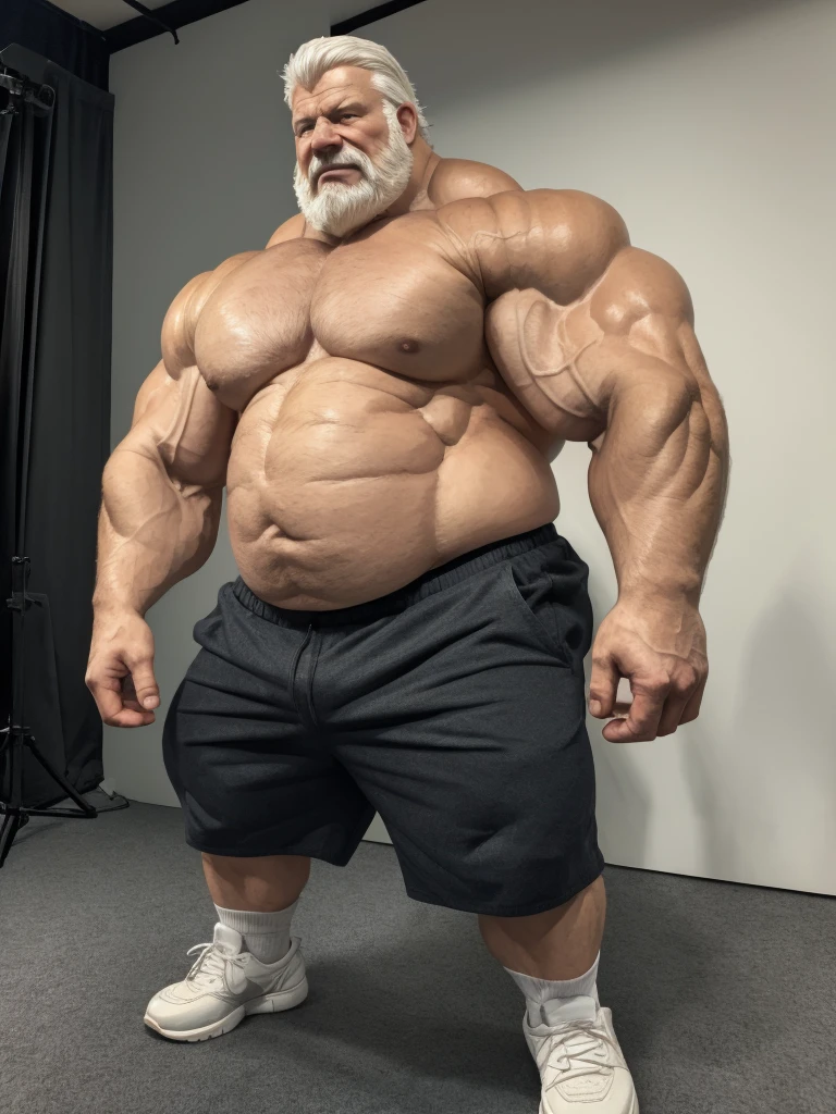 anime, anime style, (best quality,4k,8k,highres,masterpiece:1.2),ultra-detailed,(realistic,photorealistic,photo-realistic:1.37),((massive muscular)) ((huge Muscular)) chubby old man standing in photo studio, simple background, , shorts and shoes, white hair, super thick arms, super big pectoral, super wide pectoral, topless, shirtless, low angel , bottom view, (ground view)