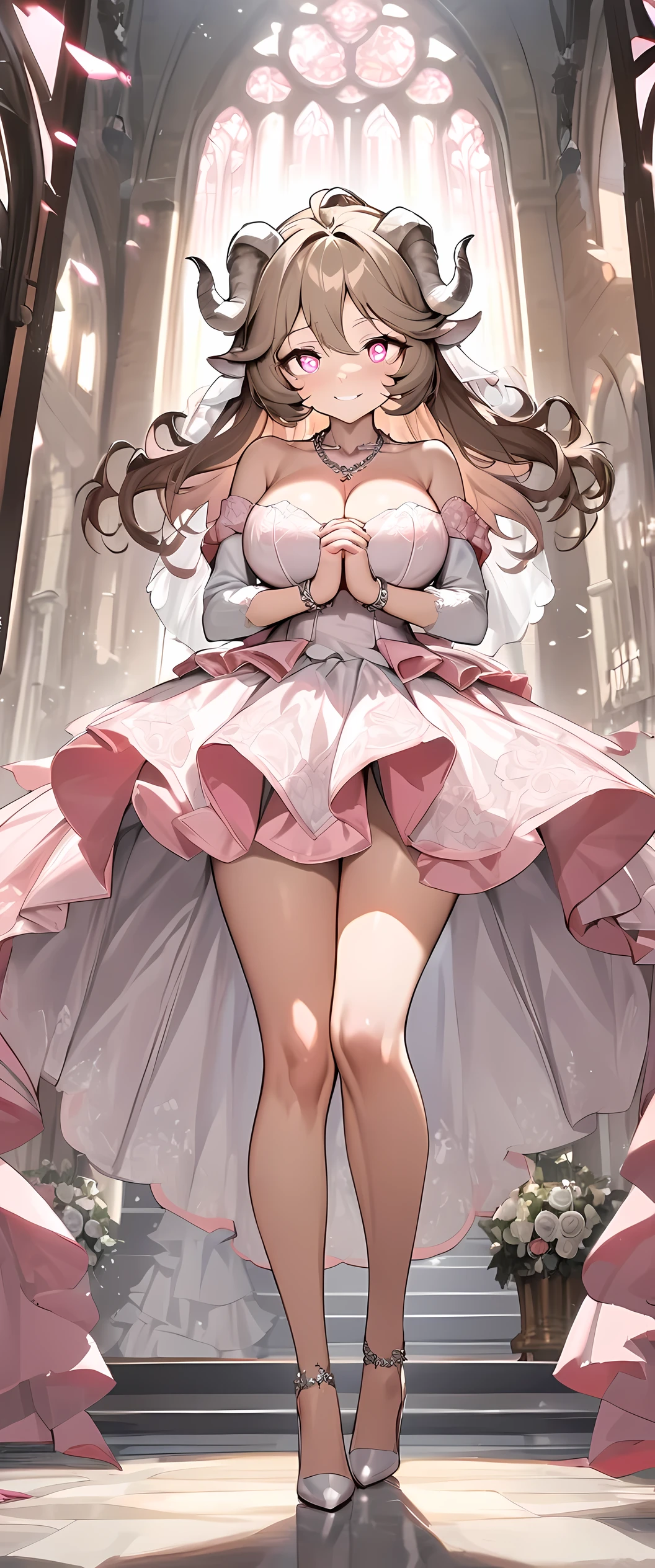 (masterpiece), best quality, expressive eyes, perfect face,Eyjafjalla_\(Arknights)\,(pink wedding dress),big breasts,bridal veil,church,goat horns,high heels,(light brown hair),middle hair,[cleavage],looking at viewer,smiles,(necklace),bracelets, bangles, eyeshadows, eye liner,glistening eyes, hyper detailed eyes, intricate eyes, beautiful eye, ((glowing pink pupils))、smilling face,(bare legs),(standing,own hands clasped:1.4),seductive pose,dynamic angle