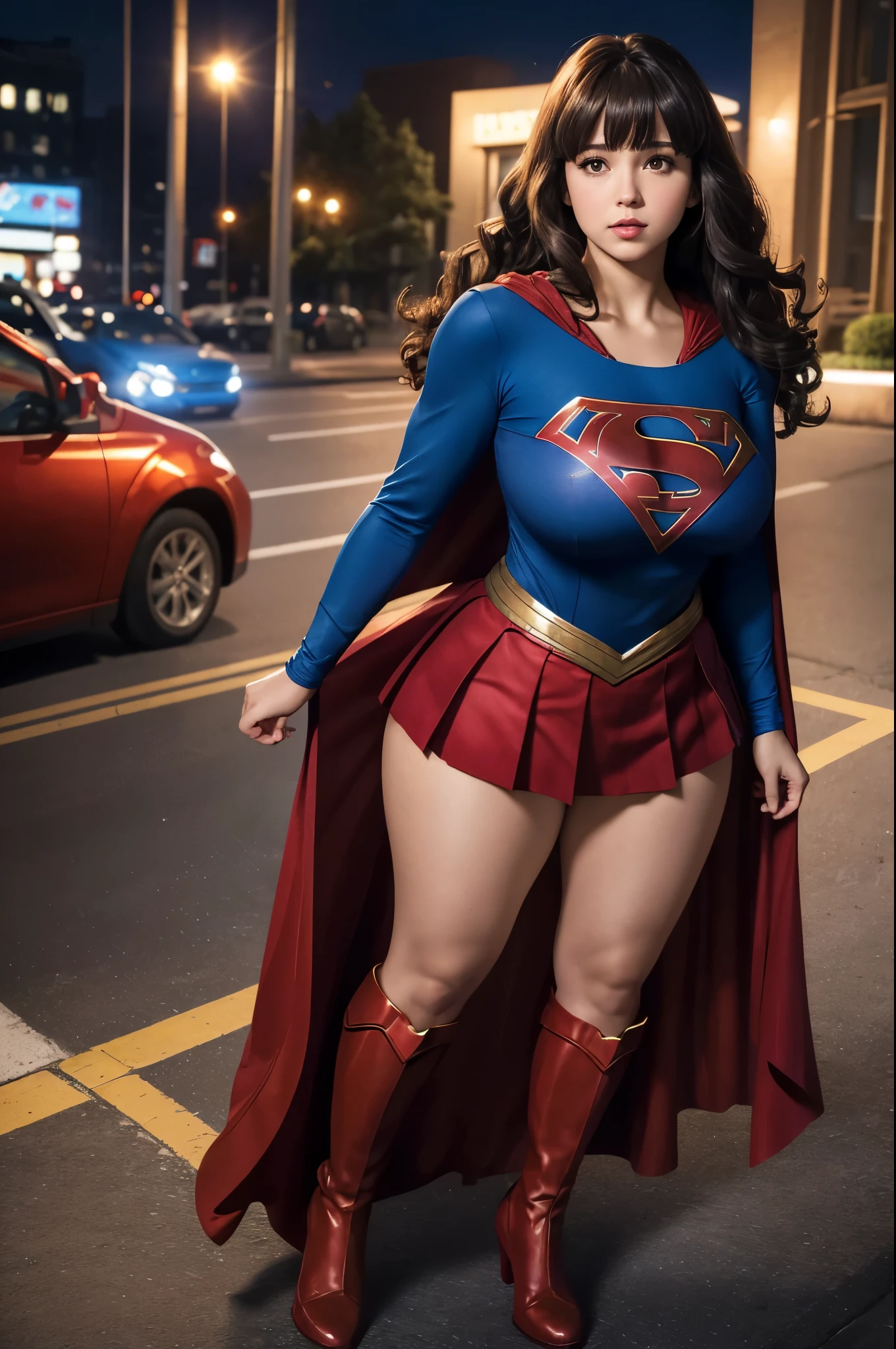 Supergirl, 27 years old, full body shot, Beautiful woman shoulder length curly brunette hair, two side up with bangs, ringlets, shoulder length curly brunette hair with bangs, two side up, ringlets, shoulder length curly brunette hair with bangs, two side up, ringlets, figure : (very full figure, curvy, chubby, very soft, very thick, big breasts, sexy, sexy pose, fat thighs). clothes: (long sleeve blue top, flowing red cape, pleated red skirt of Supergirl, long sleeve blue top, flowing red cape, pleated red skirt of Supergirl , long sleeve blue top, flowing red cape, pleated red skirt of Supergirl ). penthouse garden city night