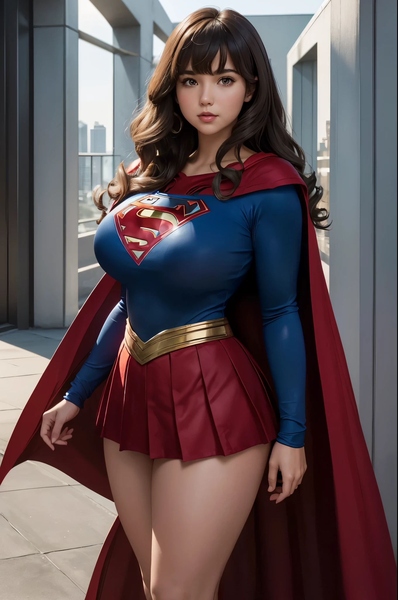 Supergirl, 27 years old, full body shot, Beautiful woman shoulder length curly brunette hair, two side up with bangs, ringlets, shoulder length curly brunette hair with bangs, two side up, ringlets, shoulder length curly brunette hair with bangs, two side up, ringlets, figure : (very full figure, curvy, chubby, very soft, very thick, big breasts, sexy, sexy pose, fat thighs). clothes: (long sleeve blue top, flowing red cape, pleated red skirt of Supergirl, long sleeve blue top, flowing red cape, pleated red skirt of Supergirl , long sleeve blue top, flowing red cape, pleated red skirt of Supergirl ). penthouse garden city night