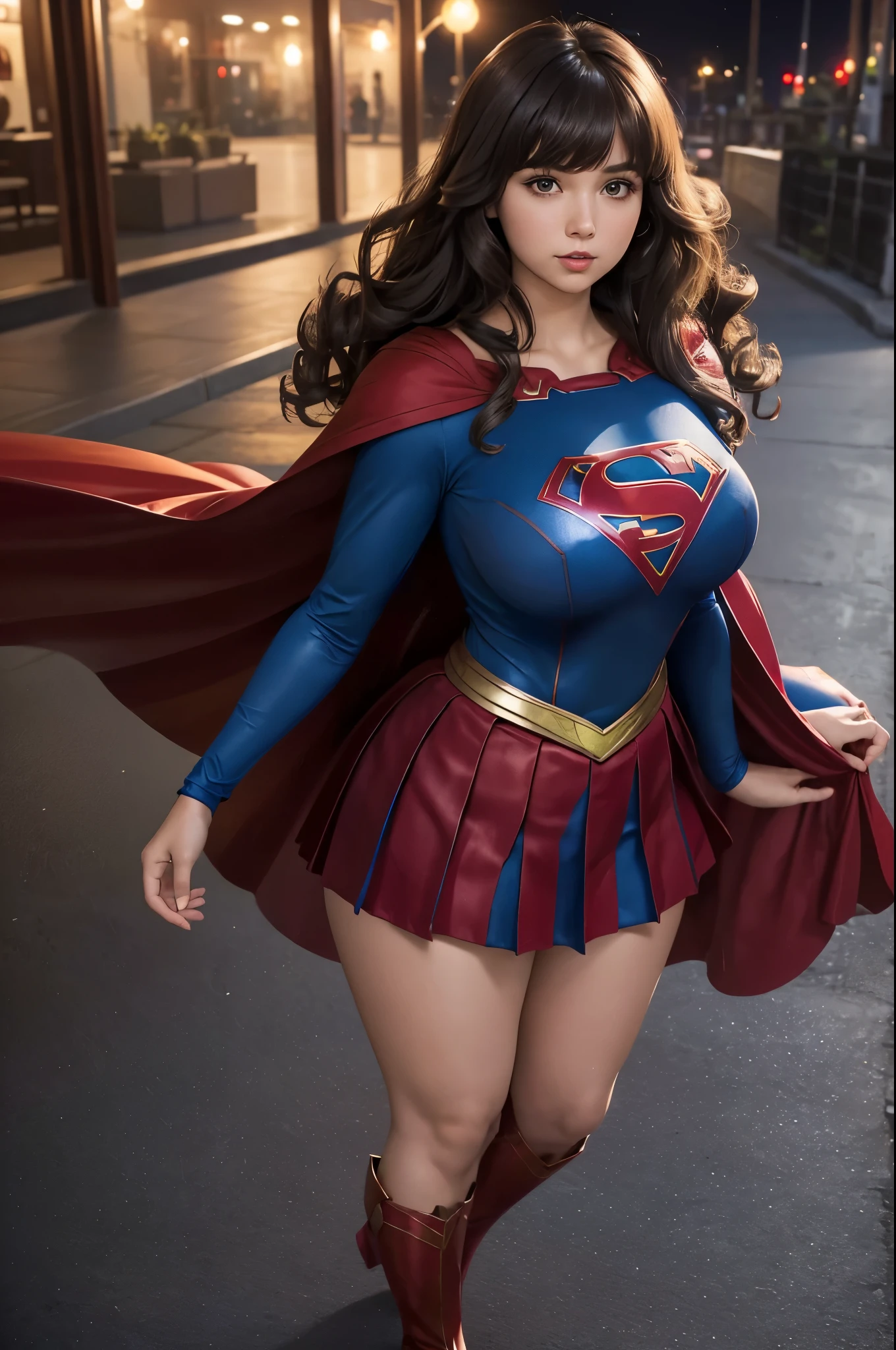 Supergirl, 27 years old, full body shot, Beautiful woman shoulder length curly brunette hair, two side up with bangs, ringlets, shoulder length curly brunette hair with bangs, two side up, ringlets, shoulder length curly brunette hair with bangs, two side up, ringlets, figure : (very full figure, curvy, chubby, very soft, very thick,  big breasts, sexy, sexy pose, fat thighs). clothes: (long sleeve blue top, flowing red cape, pleated red skirt of Supergirl, long sleeve blue top, flowing red cape, pleated red skirt of Supergirl , long sleeve blue top, flowing red cape, pleated red skirt of Supergirl ). penthouse garden city night