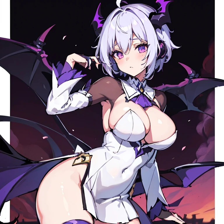 Only master piece,full 4k Hd defiition,only anime girl,succubus girl,bats wings in head accesorie,batwing in head,purple bat wings,white hair,short hair, knight white dress,sexy dress,short dress,large breast,beatiful be