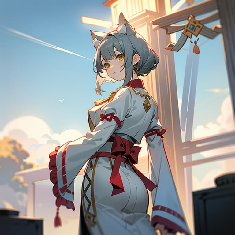 Xenoblade Chronicles 2、near、Big Ass、Cat ear、Gray Hair、Bangs、Young appearance、White shrine maiden outfit、Yellow Eyes