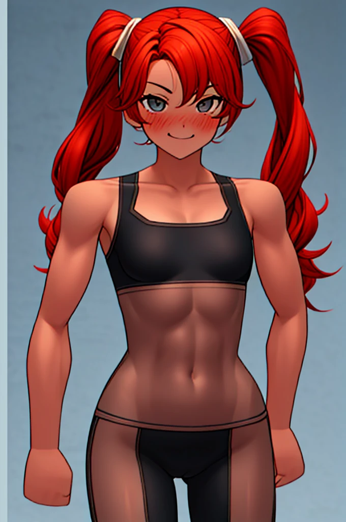 Twintail, red haired, 1girl, (grey eyes:1.5), well toned, well built, muscled, toned muscles, blushing, sweating, smiling,