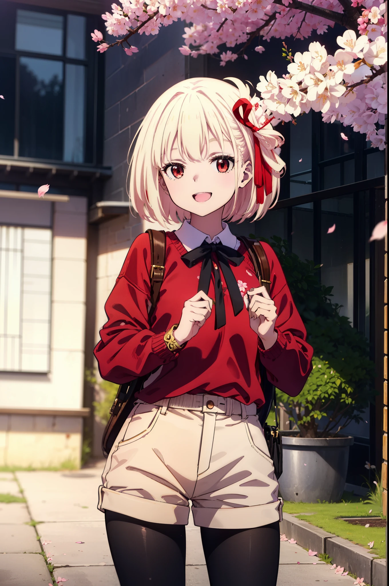 chisatonishikigi, Chisato Nishikigi, long hair, bangs, Blonde, (Red eyes:1.5), hair ribbon, happy smile, smile, Open your mouth,Red oversized sweater,Shorts,Black pantyhose,Mini Boots,Cherry blossoms are blooming,Cherry blossoms are scattered,Cherry blossom tree-lined path,
break outdoors, University School building,
break looking at viewer, (Cowboy Shot:1.5),
break (masterpiece:1.2), highest quality, High resolution, unity 8k wallpaper, (figure:0.8), (Beautiful fine details:1.6), Highly detailed face, Perfect lighting, Highly detailed CG, (Perfect hands, Perfect Anatomy),