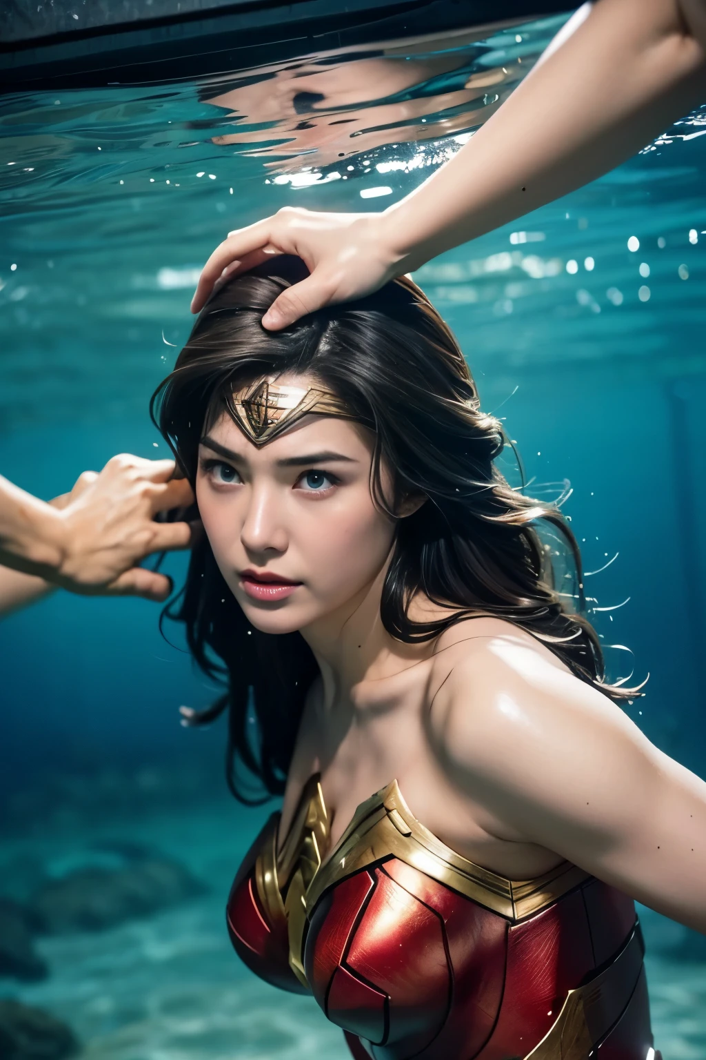 Underwater,perfect wonder woman costume,whole body,Head held underwater,In the pool沈む,Drowning in the pool,Face submerged Underwater,Underwaterに潜る,Submerge your face Underwater,In the pool,inside the fountain,Soaked Underwater,Soaking wet wonder woman,sleeping face,close ~ eye,Open your mouth,Tired face,face of suffering,sleeping face,Soaking wet hair,Wet Hair,Wet body,Fight with the men,Surrounded by men,,caught between men,licked by a man,Entanglement with men, Attacked by men,assaulted by men,being bullied by a man,Sexually abused by a man,Captured by a man,Being restrained by a man、touch your face,、Hair is pulled hard,My head is grabbed,Grab my head,brown hair, masterpiece、beautiful girl、fine eye、puffy eye、highest quality, 超High resolution, (reality: 1.4), Cinema Lighting,so beautiful、Beautiful Skin、(超reality的な)、(High resolution)、(8k)、(Very detailed)、(beautiful and fine eye)、(Very detailed)、 Detailed face、slanted bangeshi hair、brown hair、20-year-old、Wonder Woman Cosplay
