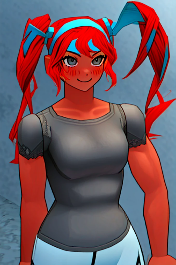 Twintail, red haired, 1girl, (grey eyes:1.5), well toned, well built, muscled, toned muscles, blushing, sweating, smiling,