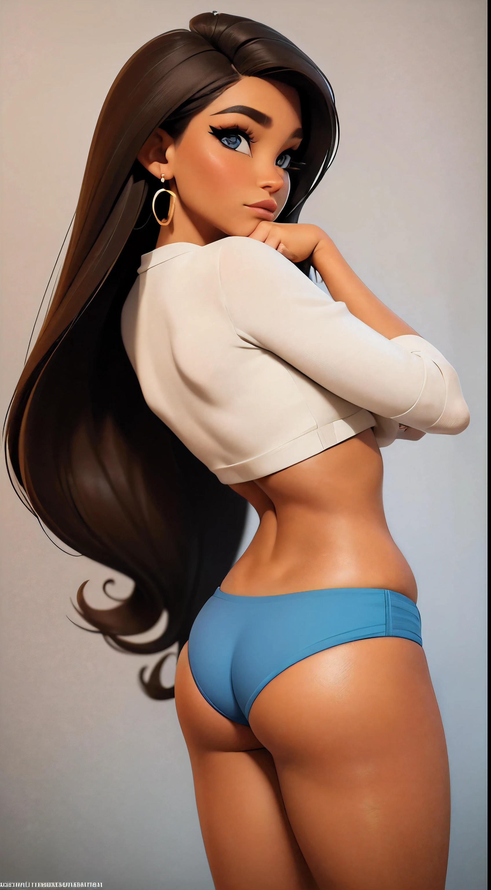 xyzkatara 1girl, brown hair, beautiful, earrings, makeup, vibrant, eyeliner, mascara, 3d render style, looking back at viewer, midriff, sports bra, blue and white crop top, panties, looking back at the viewer