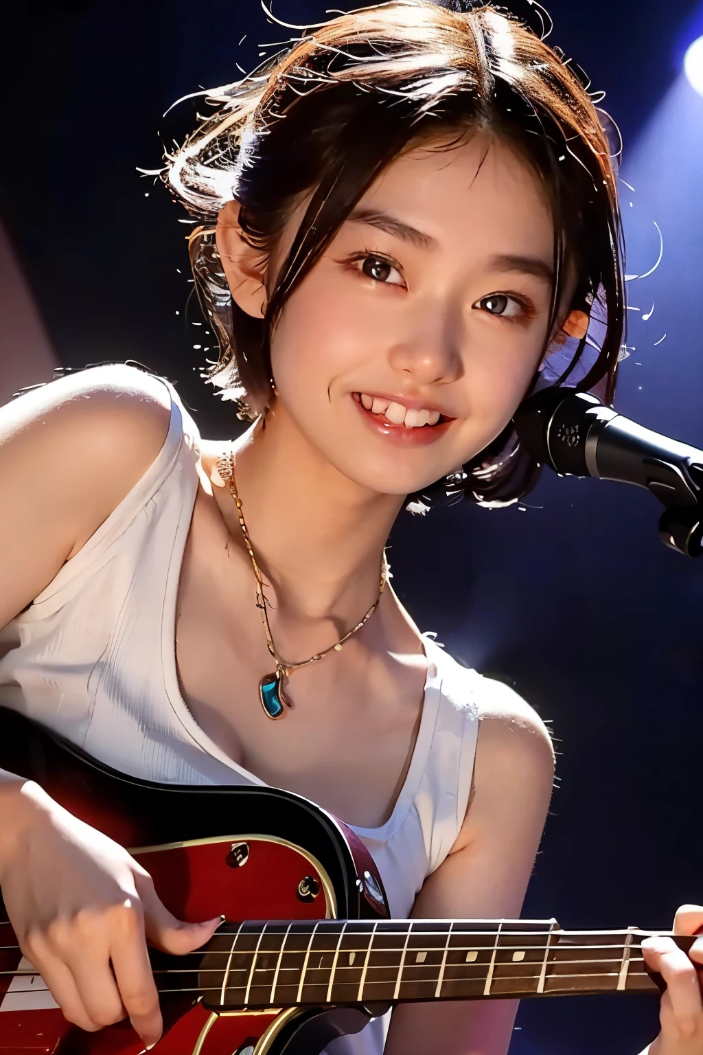 ((highest quality))、(masterpiece:1.4)、Raw photo、8k、((Best image quality))、 ((High resolution))、Beautiful face in every detail、realistic human skin、Gentle expression、(One Woman:1.3 )、Realistic、Photorealistic、(Very short hair:1.4)、(Beautiful woman)、(Cute Japanese Girl)、(boyish:1.3)、(mannish)、((Beautiful woman))、(Beautiful Hair)、((Dark brown hair))、(((Red cheeks)))、(((her eyes are big)))、20 year old beauty、(her face is small:1.8)、Small Head、((Long neck))、Pale skin、spotless skin、With bangs、Everyone longs for、Japanese Beautiful woman、Eight-headed height、(necklace)、(music festival:1.4)、((blue sky))、singer、(concert t-shirt)、smile、(Larger clothes:1.3)、Happy expression、(Bass guitar:1.3)、(on stage:1.3)、blue sky、stand microphone、Wristband、bracelet、