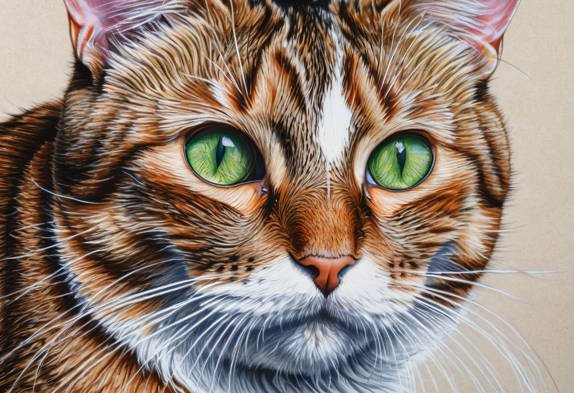 Drawing of a cat with green eyes and a white nose, Colored pencil sketch by Tom Wennerstrand, Artstation Contest Winner, Photorealism, Hyper-realistic portraits, Photorealism pastel, colored pencil drawing, Cat portrait, colored pencil art on paper, detailed coloured pencil, Pastel Art, Pastel drawing, Pastel Artwork, Detailed portrait, Highly detailed painting